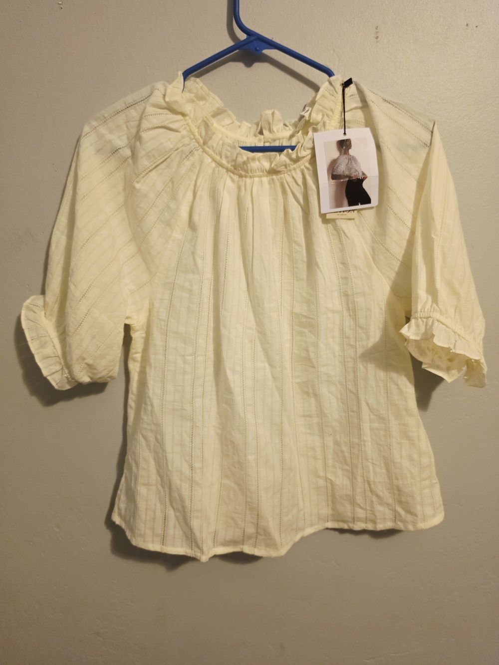 Soft Pale Yellow Ruffle-Neck Puff Sleeve Blouse